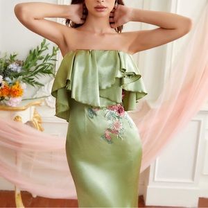 Strapless silky green embroidered dress